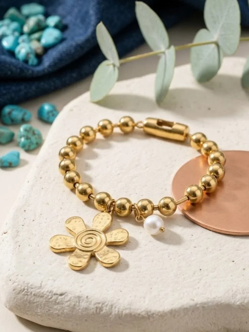 Gold Bead Bracelet Hammered Flower Charm Pearl Chunky Stretch 24K Plated Steel